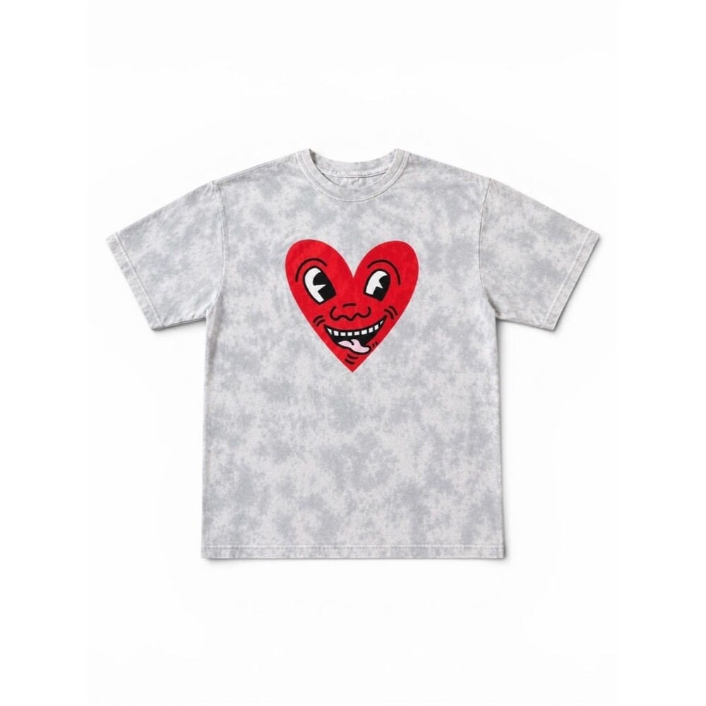 Keith Haring Tie Dye Heart Graphic Tee Gray Red Art Shirt Size Small Streetwear